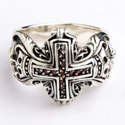 Red Garnet Sterling Silver Knight Cross Medieval Mens Ring