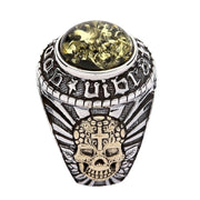 Green Amber Mexican Skull Sterling Silver Gothic Men's Ring
